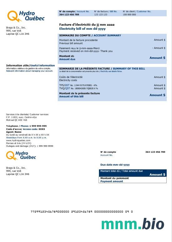 Canada Hydro Quebec rachunek za usługi komunalne szablon w formacie Word i PDF